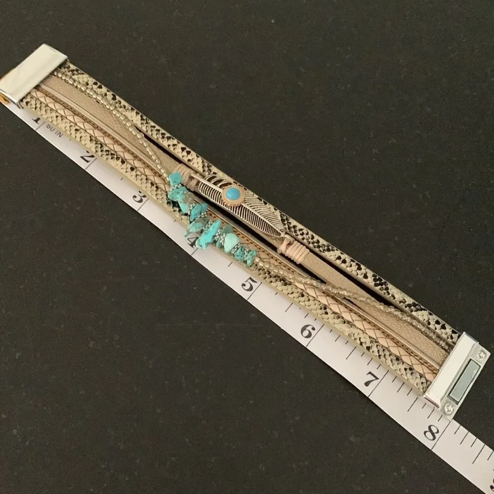 Coastal Meets Western Gold Tone Layered Cuff Bracelet with Faux Turquoise Stones